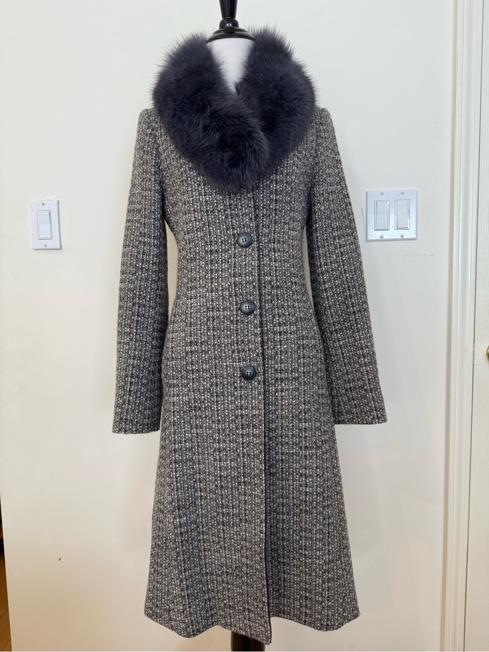 Sisley Grey Tweed Wool-blend Coat with Fur Collar